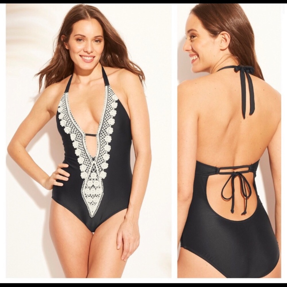Kona Sol Crochet Trim Plunge One Piece Swimsuit